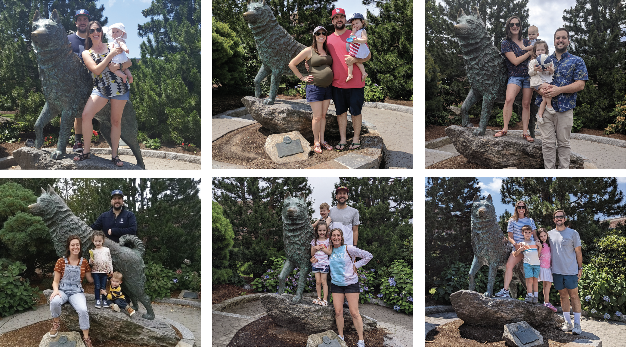 Kayla Murphy and husband of Austin, Texas, visit UConn's Jonathan Statue at Storrs, Connecticut, with their children, Charlie and Connor over the years.
